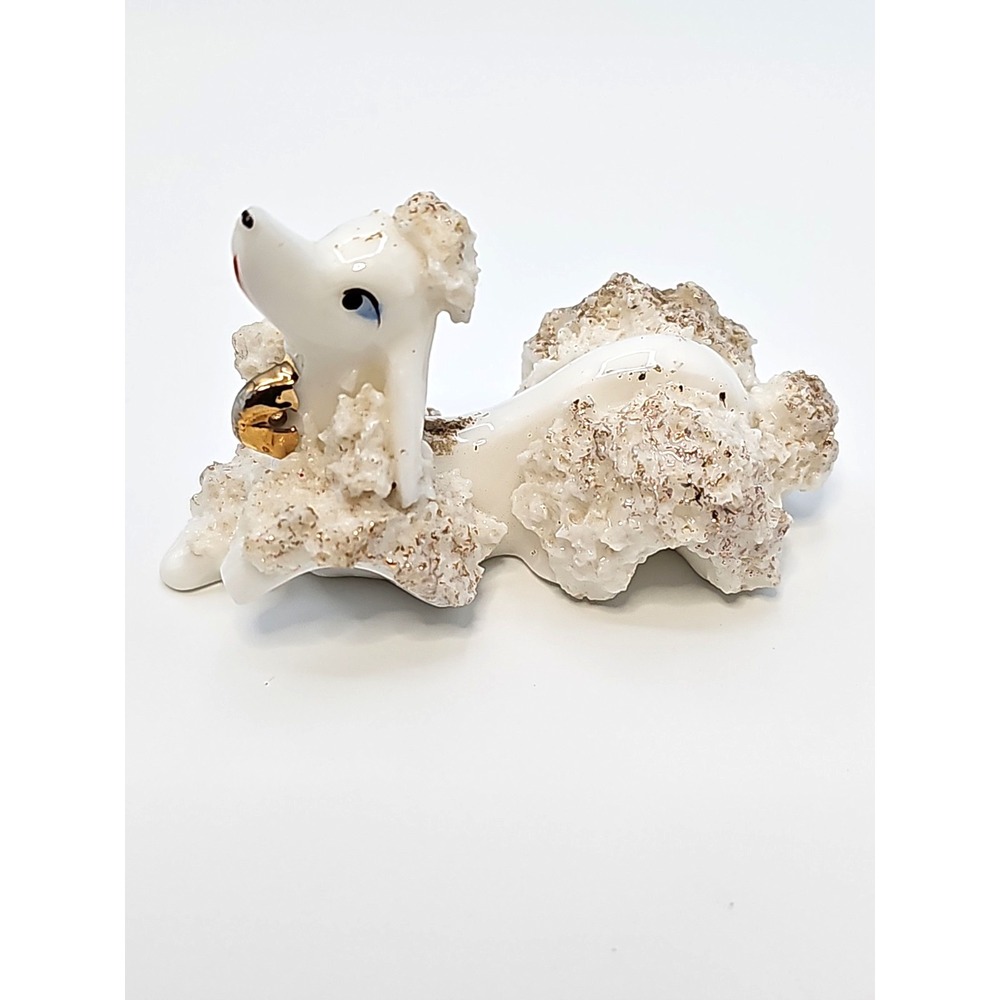 Vintage White Poodle Porcelain Spaghetti Trim Figurine Gold Bell Christmas Ornam